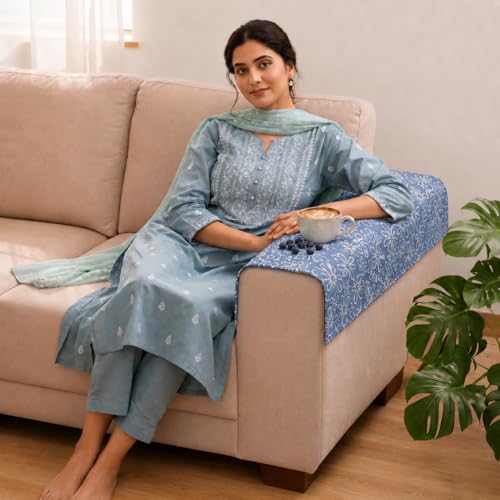Image of STITCHNEST 'Verdant Phool Stories' Sofa Armrest Cover | Elegant Jacquard Fabric, Washable & Durable for Modern Living (18 x 22 Inches)