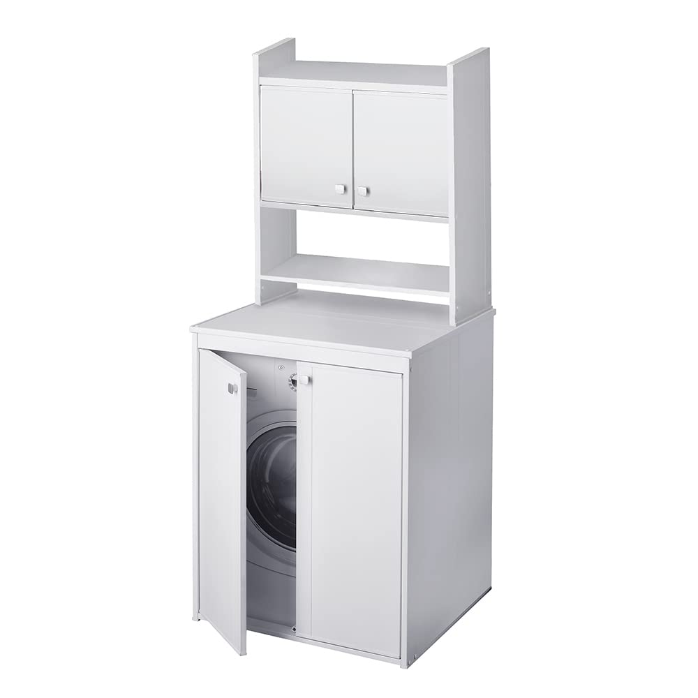 Inbagno Pensile sopra Lavatrice salvaspazio con Ante e Ripiani a Vista, L 65 x P 26 x H 79 cm, in PVC Bianco, Ideale per Esterni