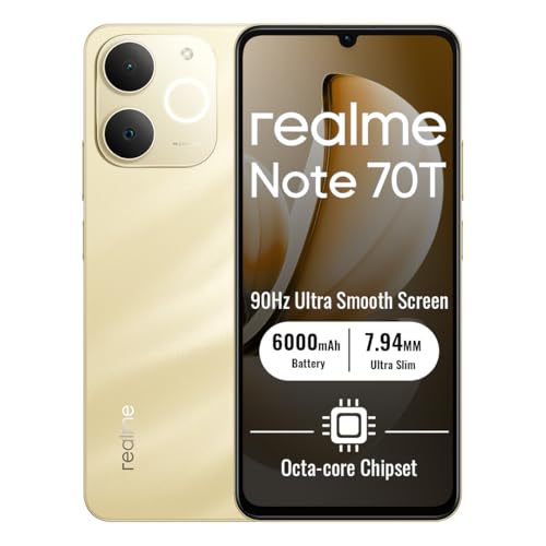 realme Note 70T 4G Smartphone 4+128GB, 6.75 Pulgadas Pantalla, Oro Playa, 90Hz Display, 6000mAh Batería, 32MP Cámara, Potente Procesador Octa Core, Protección ArmorShell, IP54