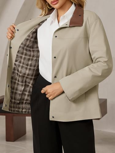 Tankaneo Womens Trench Coat Oversized Fall Barn Jacket Leather Collar Plaid Color Block Windproof Overcoat4