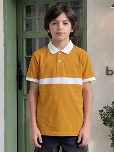 Image of Li'l Tomatoes Boys Polo T-Shirt 100% Cotton Pique Tee | Color Block Stripe Printed Collar Neck T-Shirt | Soft & Breathable Casual Summer Wear | Half Sleeve Stylish Polo Tee | Mustard | 9-16 Years