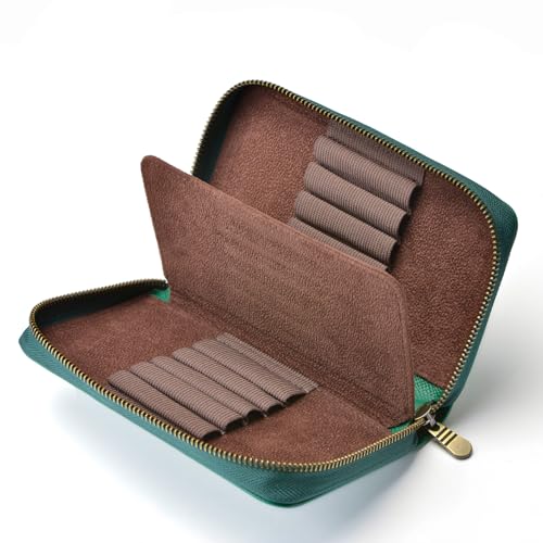 Image of Fountain Pen Leather Pen Case 10 Divided Slots, Rollerball Pen Holder Handmade Display Organizer Zippered Pouch