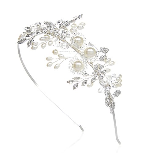 Sweetv Handmade Pearl Wedding Headbands For Women Silver Rhinestone Hair Band Bridal Headpieces For Bride Hair Jewelry Accessories #TOP1