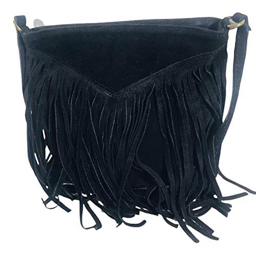 Bolso de mano Mujer Cuero Veritable Moda Ante Italiano con bandolera Usado Hombro con flecos-Negro, Negro