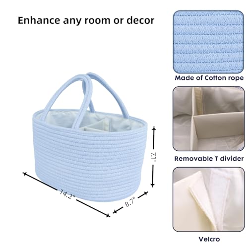 Image of XUANGUO Cotton Rope Baby Diaper Caddy Organizer Basket Sky Blue | Nursery Storage Bin, Portable Baby Tote Bag for Changing Table or Car, Baby Shower Gifts Bag, Newborn Essentials, Registry