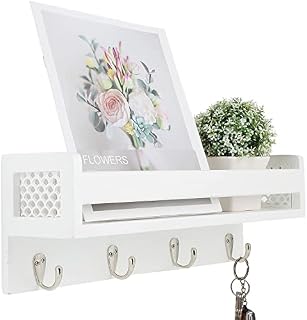 Satauko Coat Hooks Wall Mounted with Shelf, Entryway Hanging Shelf with 4 Metal Hooks, Wooden Floating Shelves for Kitchen Spice Rack Storage, White Wall Shelves Organizer for Bathroom, Bedroom.