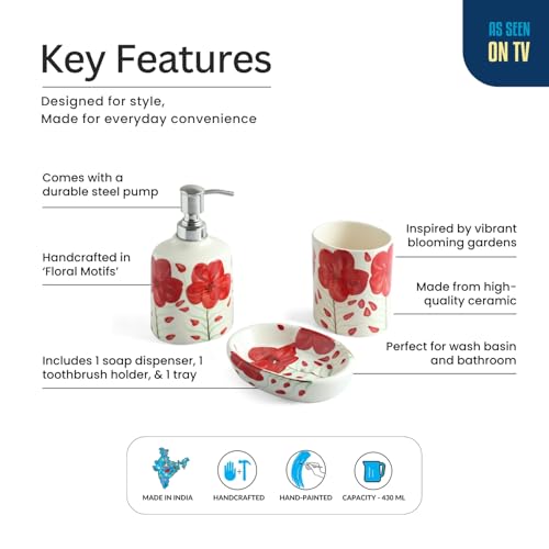 Image of ExclusiveLane 'Scarlet Bloom' Ceramic Soap Dispenser Set for Bathroom Wash Basin Bathroom Accessories Set of 3 (Liquid Soap Dispenser, Toothbrush Holder, Soap Tray Holder, Hand-Painted)