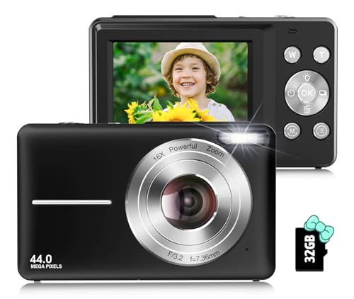 Toberto Digital Camera, FHD 1080P Digital Camera for Kids with 16X Zoom Anti Shake, Flashlight, 44MP Point and Shoot Camera Compact Small Camera for Teens, Girls, Boys, Students - Black
