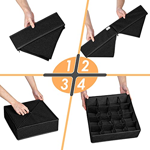 Criusia 3 Pack Closet Organizer Dividers, 64 Cell Fabric Foldable Cabinet Organizers and Storage Boxes for Storing Socks, Underwear, Ties (16+24+24 Cell, Black)