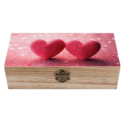 FekiLoot Caja de recuerdos de madera con purpurina rosa con corazón rojo, caja del tesoro de memoria, pequeño cofre del tesoro de madera, baúl decorativo para recuerdos, para manualidades y