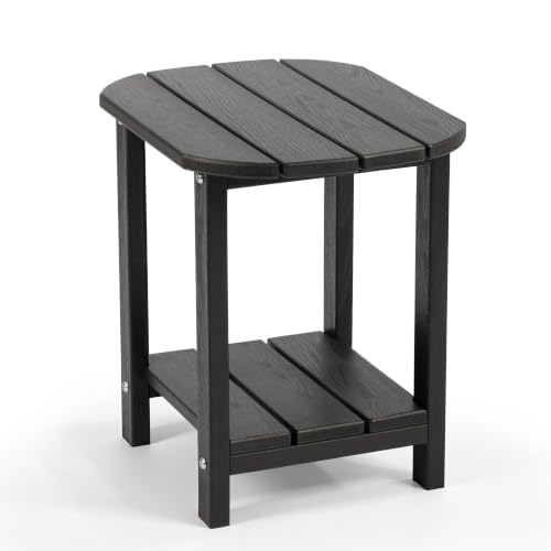 Image of Outdoor Side Table with Shelf - All-Weather HDPE End Table with Realistic Wood Grain, Heavy Duty Composite for Patio, Deck, Poolside, Garden & Adirondack Seating (Black)