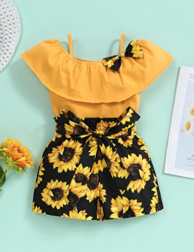 Hipea Toddler Baby Girls Summer Clothes Outfits Ruffle Camisole Casual Tops and Sunflower Shorts 2-Piece Newborn Girl Clothing Set (Yellow