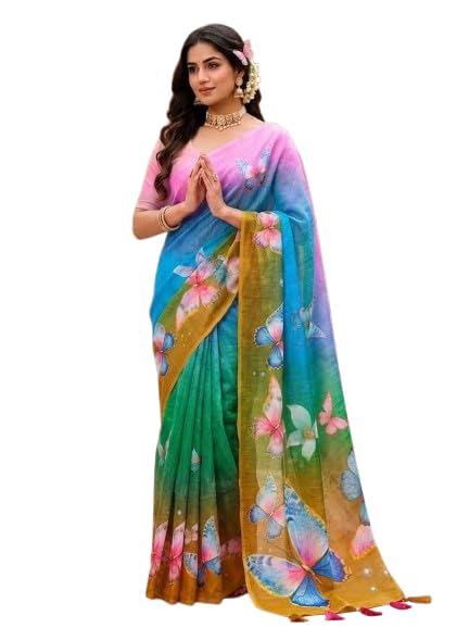 MAHA ENTERPRISES Women's Linen Saree with Butterfly & Floral Digital Print-picture-11