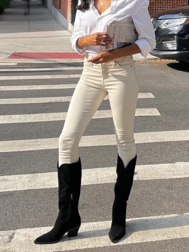Image of Coutgo Womens Wide Calf Cowboy Boots Suede Knee High Chunky Heel Pointed Toe Western Cowgirl Boots