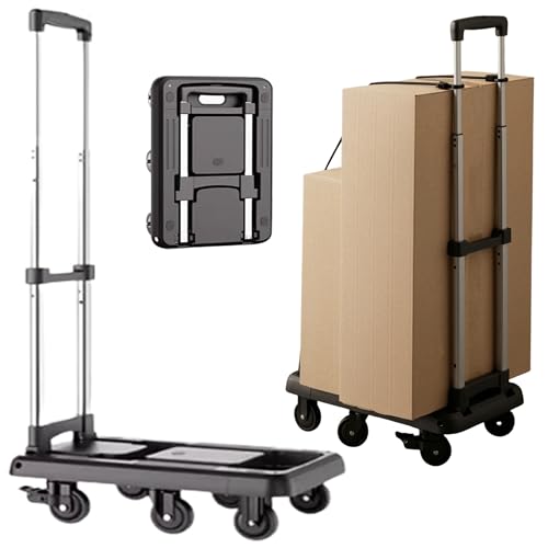 Carretilla Plegable hasta 100kg con 6 Ruedas de Goma con Freno, Carro de Transporte Plegable Extensible 60x30 cm, Mango Telescópico Ajustable, Plataforma Compacta para Mudanzas, Compras o Trabajo