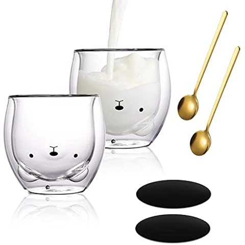 Yuragim Süße Tassen, Doppelwandige Kaffee Gläser Bär Tasse Teegläser Trinkgläser Kaffeeglas Cute Kaffeetasse mit Löffel & Untersetzer Espressotasse Geburtstagsgeschenk Weihnachtsbecher Cover