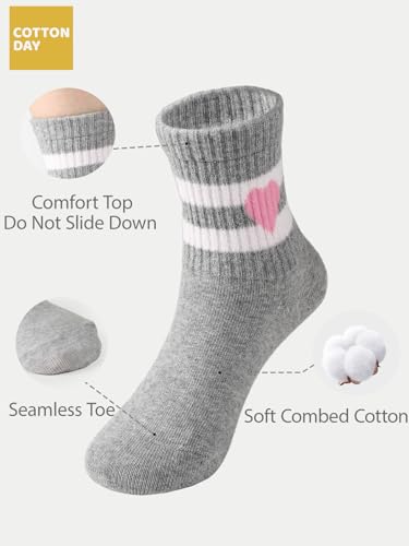 COTTON DAY Kids Girls Pink White Crew Athletic Socks with Retro Stripes Hearts2