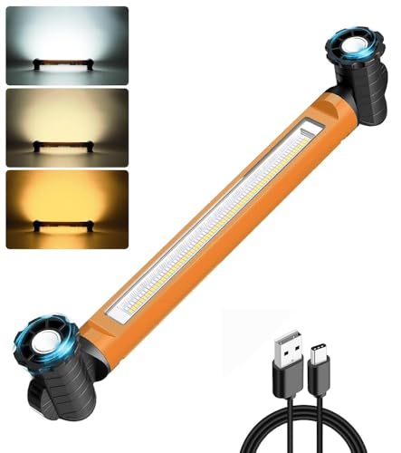 CLV Work Light Bar 3000LM Bright 5000mAh Rechargeable 4 Modes Magnetic Underhood Mechanic Light with Hooks Cordless Battery Powered for Car Repair, Garage, Underhood Emergencies Orange