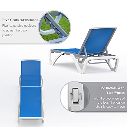 Image of Domi Outdoor Lounge Chair, Aluminum Patio Chaise Lounge with 5 Position Adjustable Backrest and Wheels, All Weather Reclining Chair for Patio, Yard, Balcony, Poolside (Blue)