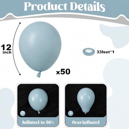 Image of Togvu Dusty Blue Balloons, 50Pack 12 Inch Light Blue Boho Latex Party Balloons for Bridal Baby Shower Gender Reveal Easter Birthday Party Decorations