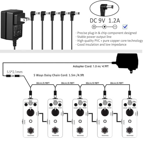 Image of JOYO DC 9V 1.2A Guitar Pedal Power Supply with 5 Way Daisy Chain Cables, AC Wall Charger Power Adapter for Bass Guitar Effect Pedals (Tip Negative)
