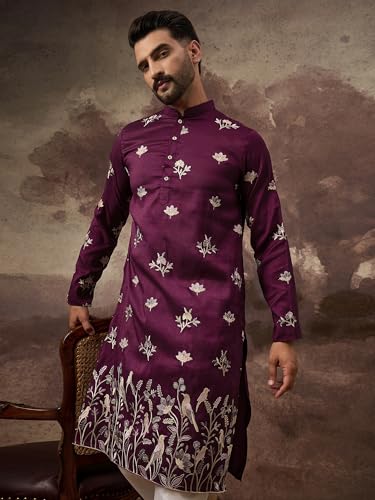 Image of Men's Calf Length Silk Blend Embroidered Solid Kurtas | Men | Kurtas for Mens | Straight Fit Kurta for Men's