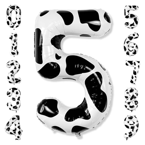 Cow Print Number 5 Balloon 40 Inch, Black White Foil for Farmyard 5th
