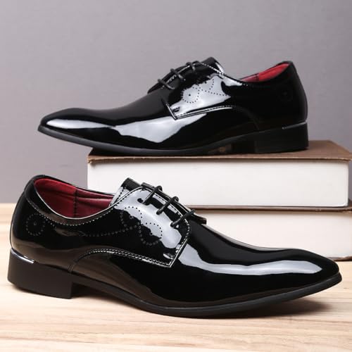 Image of Men Fashion Dress Business Shoe Pointed Toe Floral Patent Leather Lace Up Oxford Black Brown Red Grey