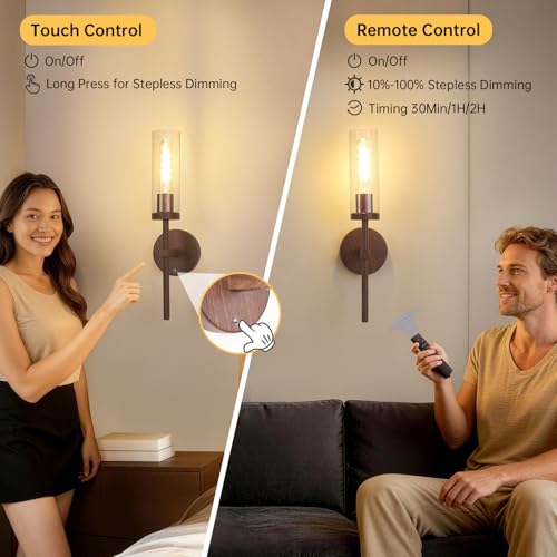 Image of Shenmoyl Battery Operated Wall Sconces Set of 2, Walnut Color Rechargeable Wall Lighting Fixtures, Dimmable Wall Lights with Remote & Clear Glass Shade for Living Room, Bathroom,Bedroom