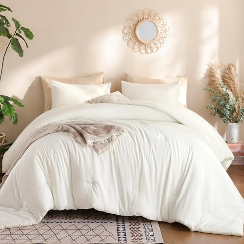 Image of weigelia Super-Soft Micorfiber Comforter Set - Full Size Cream White Lightweight Warmth Comforter for All Season Use, Machine Washable White Bedding Set (1 Comforter, 1 Pillowcases)
