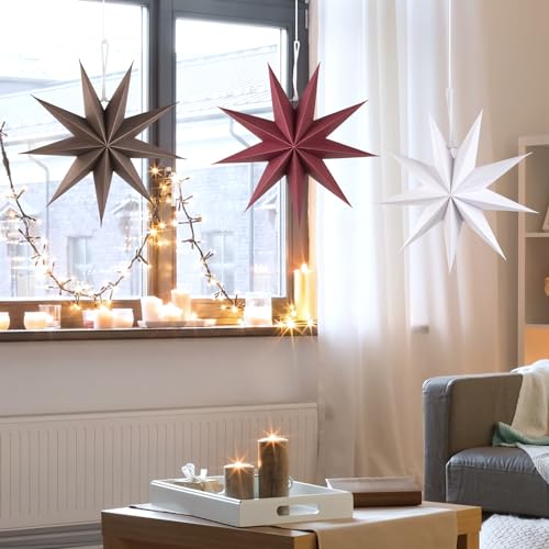 Image of SUNBEAUTY 3 Pcs 9-Pointed Brown Burgundy White Paper Star Lanterns 12 Inch Christmas Hanging Lamp Rustic Paper Decorations Shade Wedding Birthday Christmas Home Party Decorations