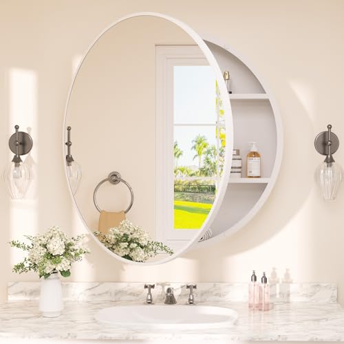 Image of TETOTE Bathroom Mirror Cabinet 28 x 28 White Round Bathroom Medicine Cabinet with Mirror Adjustable Shelves Farmhouse Wall Mirror with Storage Surface Mounted