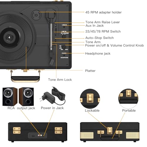 Trynnay Plattenspieler Schallplattenspieler 3-Gang-Bluetooth, tragbarer Koffer-Vinyl-Player mit integrierten Lautsprechern, Plattenspieler, verbesserter Audio-Sound, PU-Leder, Vintage Black