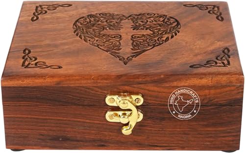 Image of Rosewood Handmade Wooden Jewelry Box - Celtic Heart Engraved Keepsake Storage Organizer | Handcarved Wooden Urn for Women & Men | Decorative Jewellery Gift Box (7 inchx5.5 inchx3.5 inch)