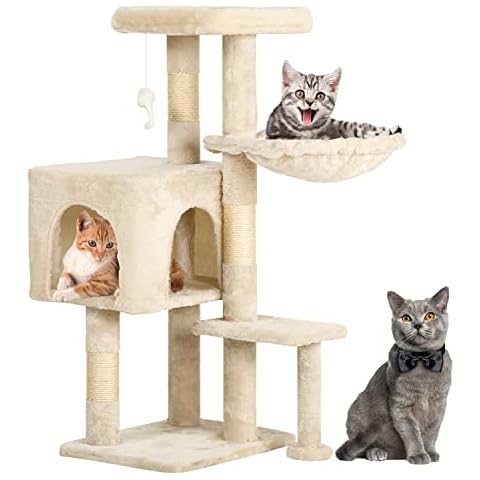 BestPet Cat Tree 36 inch Tall Cat Tower for Indoor Cats with Cat Scratching Post,Cat Condo Furniture Activity Centre with Cat Hammock & Funny Toy,Beige Cover