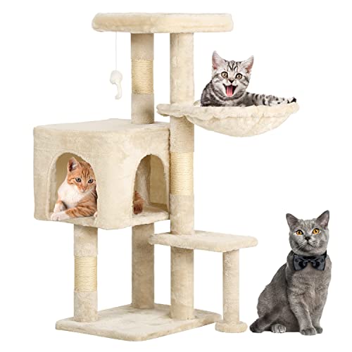 Image of BestPet | 37 inch Cat Tree Tower | Beige | Sturdy Multi-Level Cat Tree with Plush Condo, Cozy Perch, Sisal Scratching Posts, Hanging Toy and Hammock | Easy Assembly | for Kittens & Adult Cats