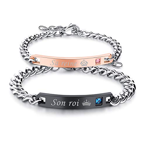 Flongo 2PCS Bracelets Acier Inoxydable Son Roi & Sa Reine Chaînes de Main Composés Zircon pour Couples Amoureux Femme Homme Or Rose&Noir Cadeaux Saint Valentin Mariage Cover