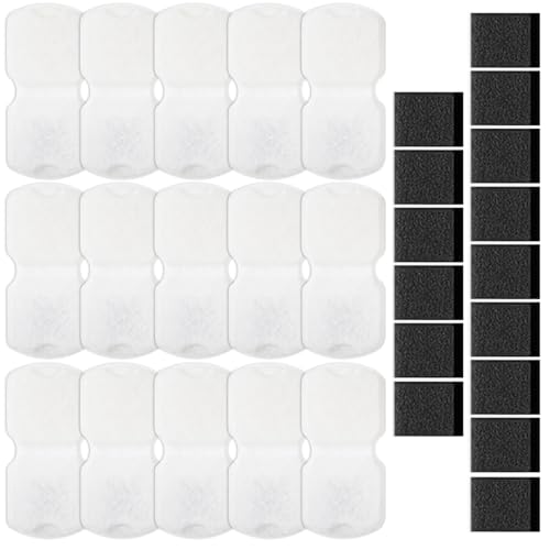 Vlecexs 30 Filtro Fuente 15 Carbónfiltros 15 Bebedero Agua Esponjas Adecuado para GIOTOHUN Bebedero Gatos Fuente para Gatos Filtros Filtrar Impurezas Agua Limpia para Mascotas