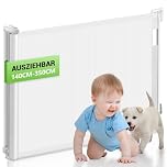 Retractable Stair Gate Extends up to 350cm/138inchx3inch Extra Wide Baby Safety Gate One Click Lock Extendable Door Gate for Stairs/Doors/Indoor