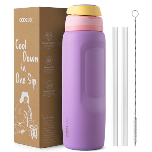 Image of Coolflask MegaSip Insulated Water Bottle 40 oz with Straw, Wide Mouth Water Bottles Leak-Proof, 24+ Hours Cold, BPA-Free Dishwasher Safe, Metal Water Flask for Sports Gym Work Office, Sunrise Purple
