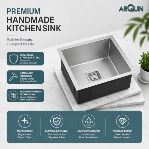 Image of ARQUIN Kitchen Sink 18x16x10 Inch Handmade Sink Matt Finish Single Bowl Heavy Grade Stainless Steel Kitchen Sinks | Basin For Kitchen With Square Drainer and Adjustable Fruit Basket