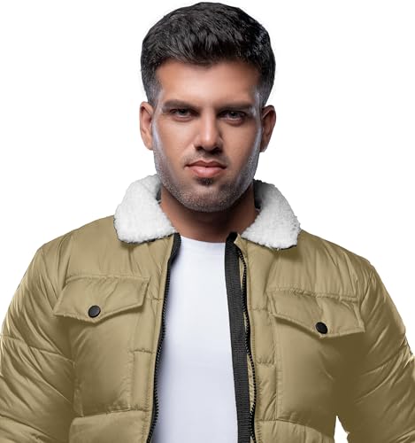 Image of URBAN BUCK Mens Puffer Jacket Midweight Sherpa Lined Windproof and Water Repellent Winter Recycled Down Bryce Beige Hiking Men Coat (S)