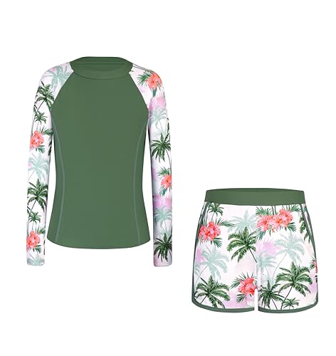 Image of Alakuoti Girls Rash Guard Swimsuit Two Piece Bathing Suit UPF 50+ Sun Protection Long Sleeve Swimwear 6-14 Years
