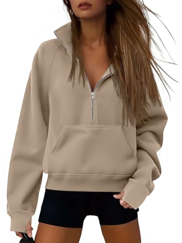 ATHMILE Womens Sweatshirts Half Zip Cropped Pullover Fleece Quarter Zipper Hoodies Fall Fashion Outfits Clothes Thumb Hole