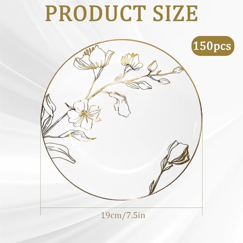 150Pcs Plastic Party Plates, 7.5 Inch Disposable Dinner Plates with White & Gold Rim Floral, Dessert Appetizer Elegant Fancy Wedding Plates Gold Plastic Plates for Party Holiday by TEUN - Image 2