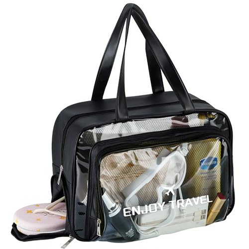 Waterproof Beach Bag with Shoe Compartment – Large Capacity Clear PVC Tote Bag, Portable Unisex Travel Makeup Organizer for Swimming, Gym, and Vacation (BLACK)