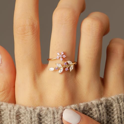 Cherry Blossom Ring for Women 925 Sterling Silver Dainty Camellia Ring 14K Gold Plated Lucky Leaf CZ Open Ring to Daughter White Shell Elegant Hibiscus Floral Crystal Wedding Birth Christmas Jewelry3