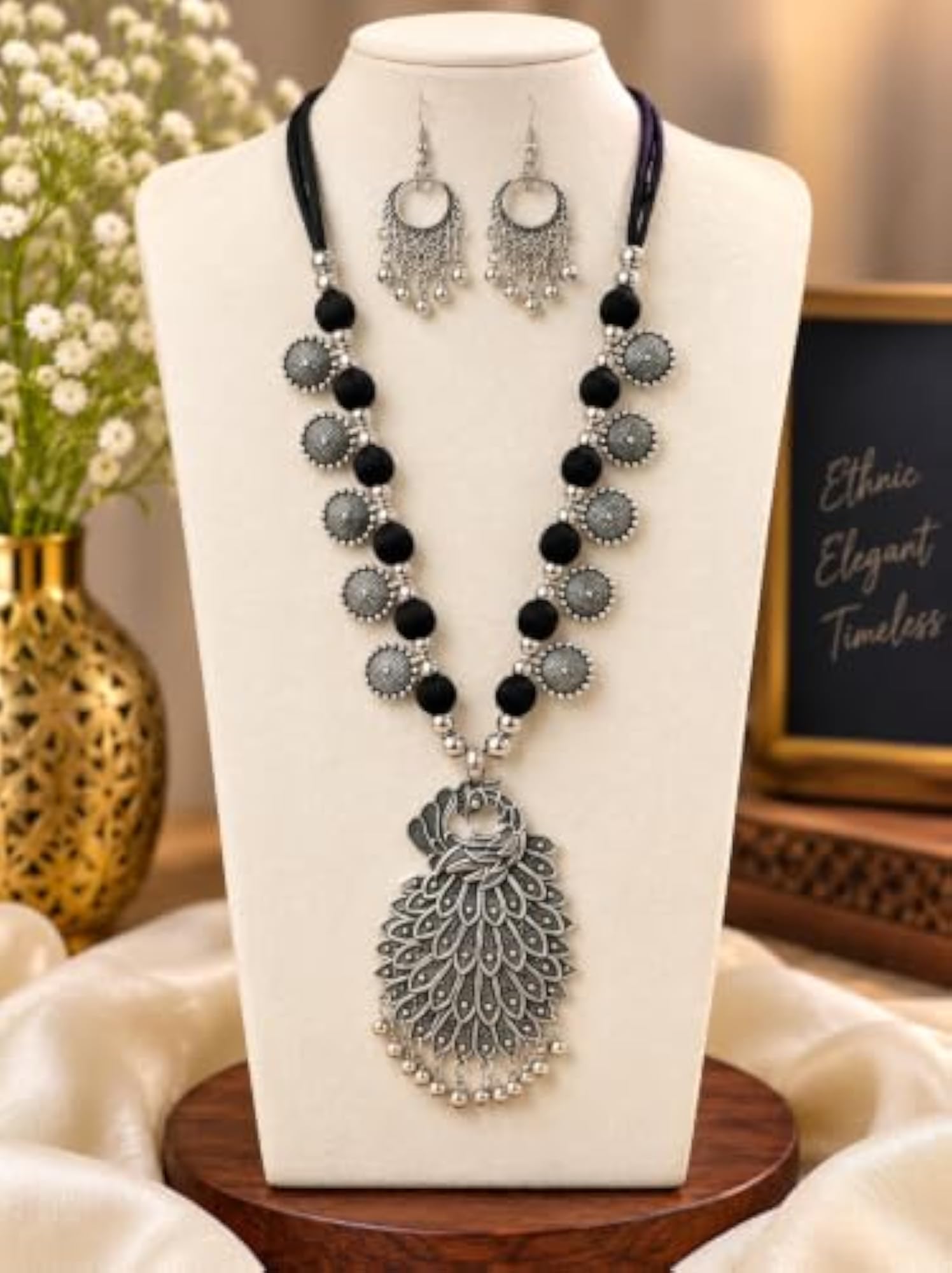 Oxidised Silver Peacock Pendant Necklace Set with Earrings