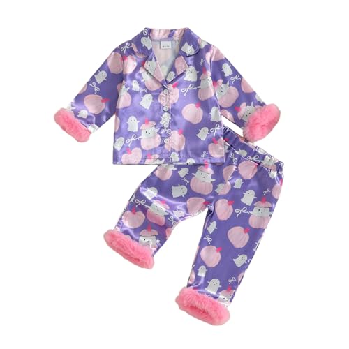 Kuriozud Toddler Kids Little Girls Halloween Satin Pajamas Pumpkin Feather Trim Sleeve Button Down Sleepwear Pjs Set 1-9 Y