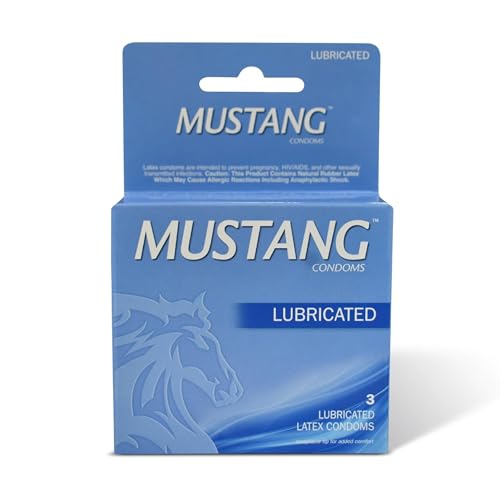 Mustang Lubricated Latex Condoms, 3 Count Pack – Premium Natural Latex, Silky Lubricant, Electronically Tested, Receptacle Tip